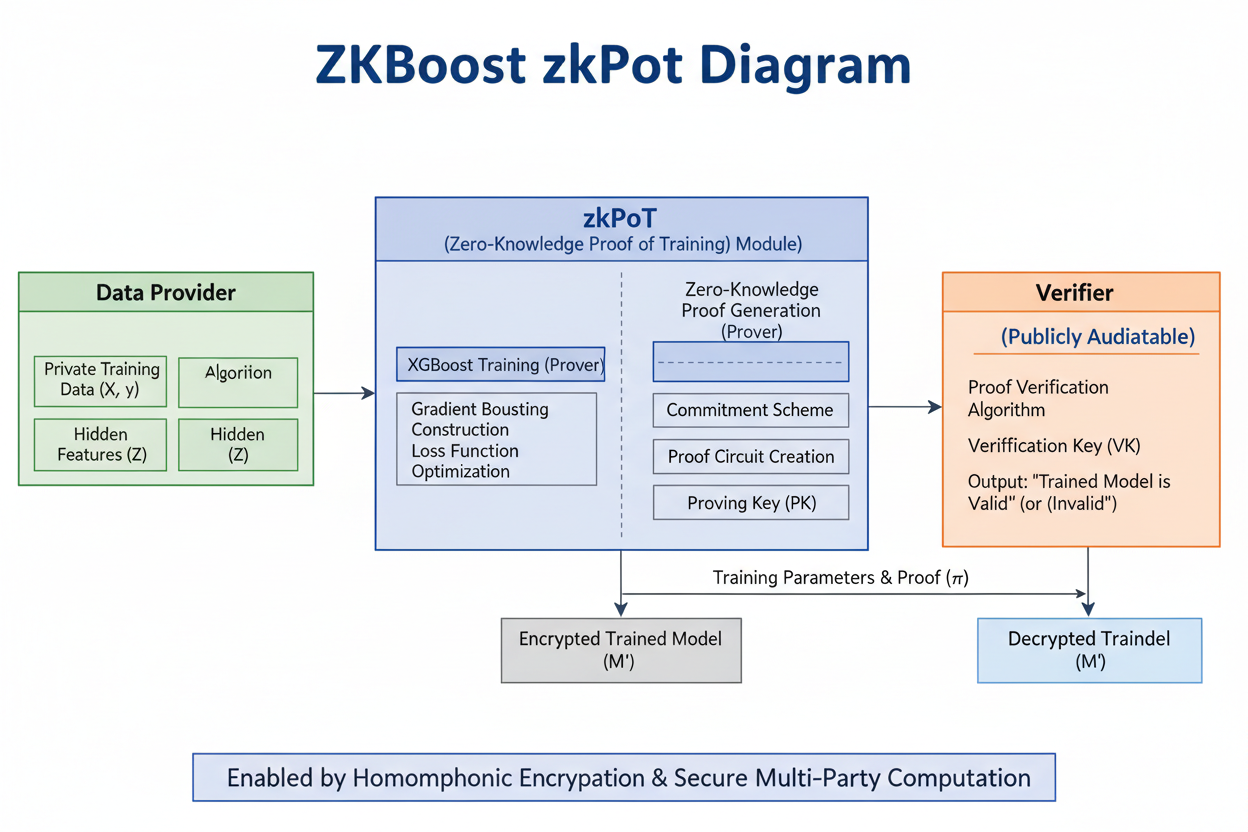 Diagram illustrating ZKBoost zkPoT protocol verifying XGBoost training on hidden private data with zero-knowledge proofs